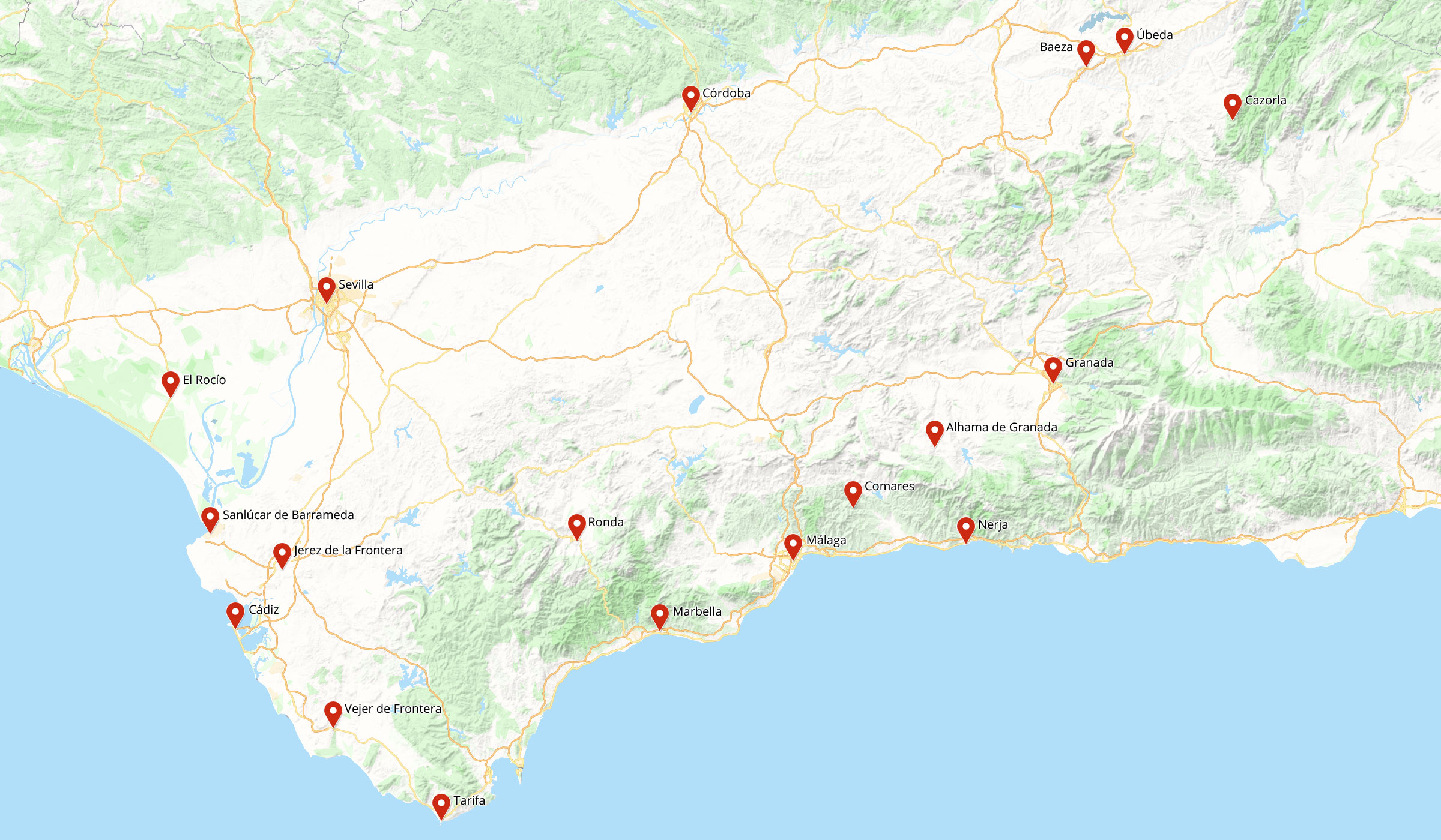 Karte der schönsten Reiseziele in Andalusien
