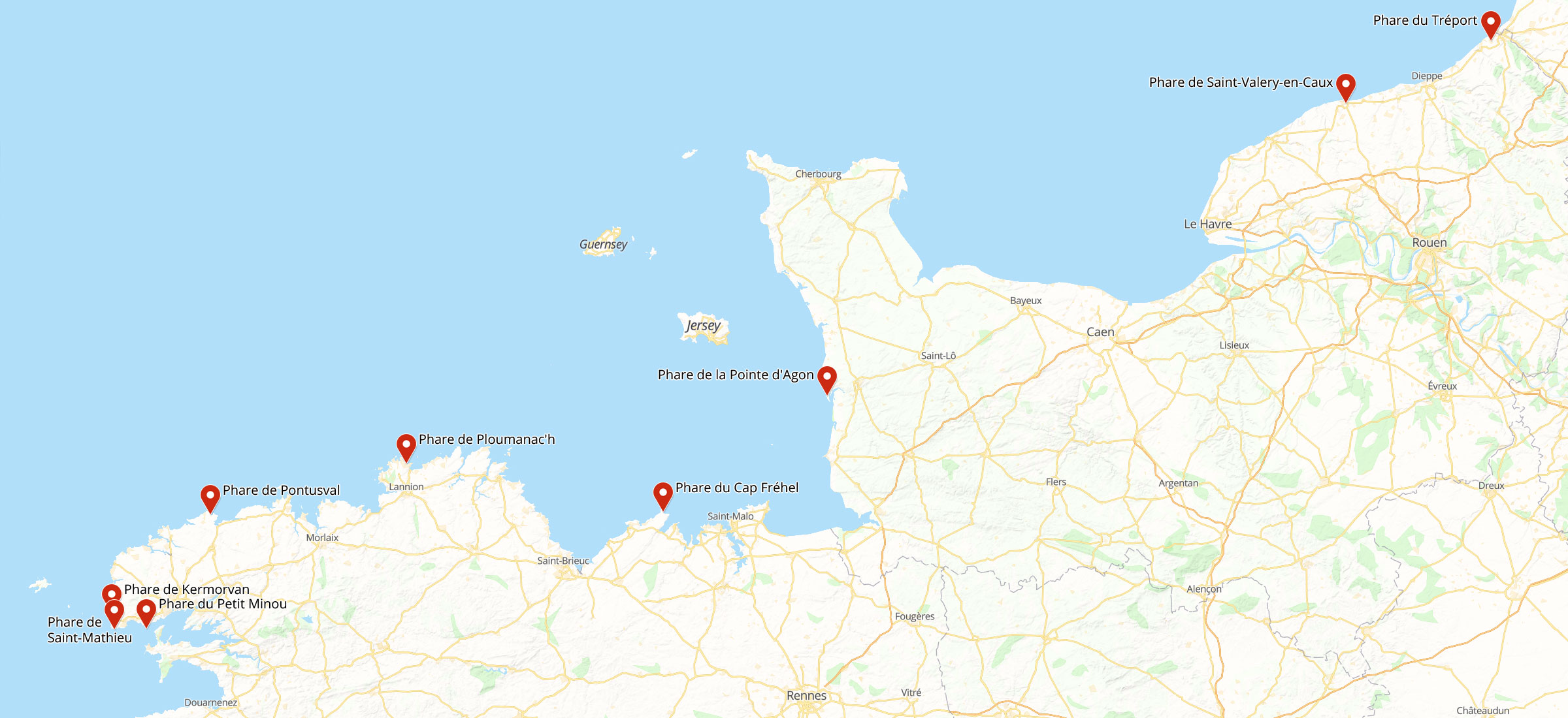 Karte von Leuchttürmen in der Normandie und Bretagne