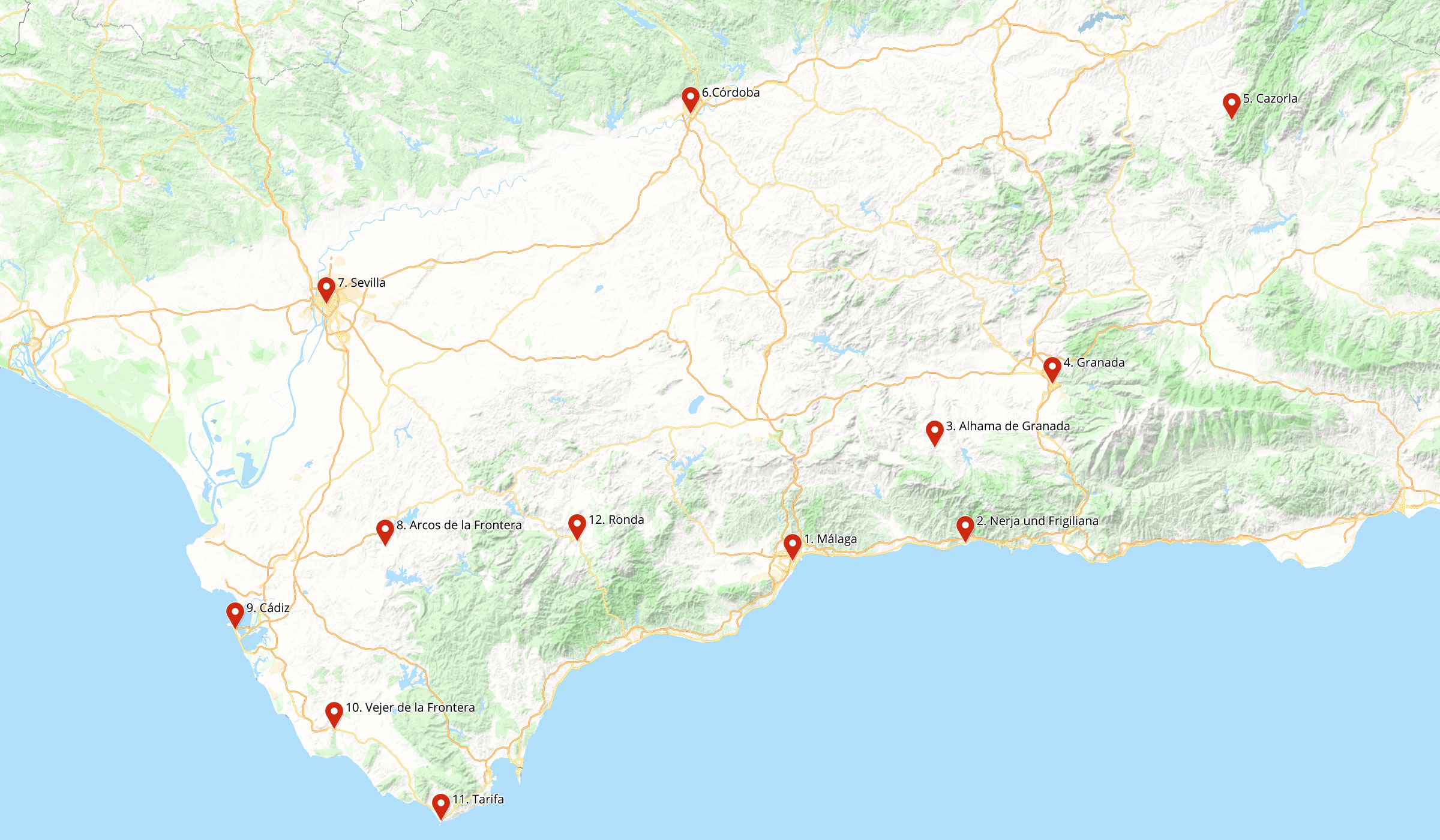 Karte von unserer Rundreise durch Andalusien